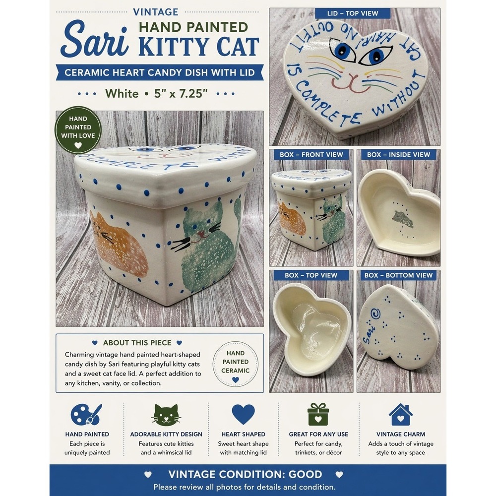 Sari Vintage Hand Painted Ceramic Heart Cat Candy Dish Lid No Outfit Is Complete